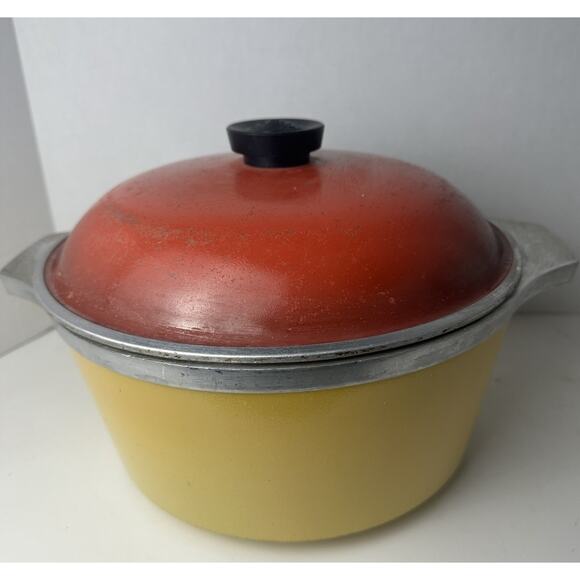 Large Vintage Club Aluminum Red Orange Enamel 5 Qt. Dutch Oven with Lid - Picture 1 of 6